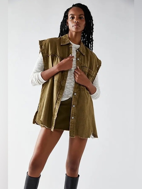 We The Free Jackets & Blazers - Free People We The Free Olive Utility Vest Oversized Distressed Cotton Military